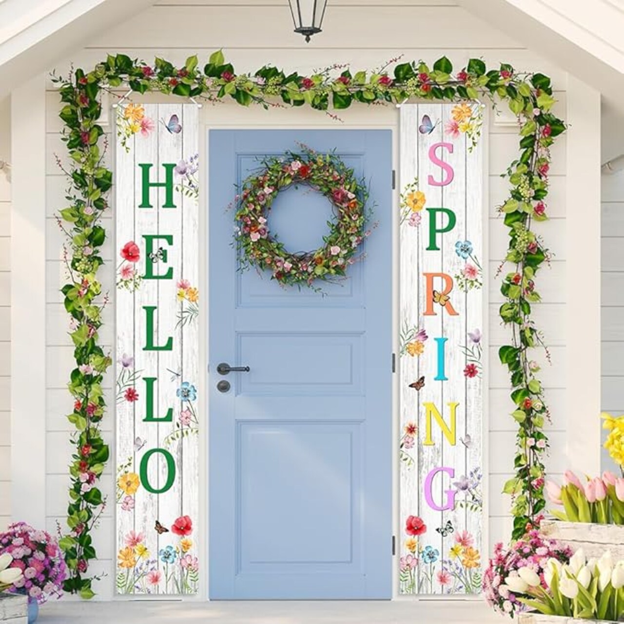 Hello Spring Banner Wildflower Spring Door Banner Welcome Spring Banners for Front Door Spring Decorations for Yard Indoor Outdoor
